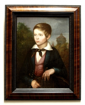 Josef Herrmanstörfer (1817-1901), Biedermeier-Porträt, Knabe mit Spielreif vor Nürnberg Stadtturm