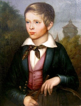 Josef Herrmanstörfer (1817-1901), Biedermeier-Porträt, Knabe mit Spielreif vor Nürnberg Stadtturm