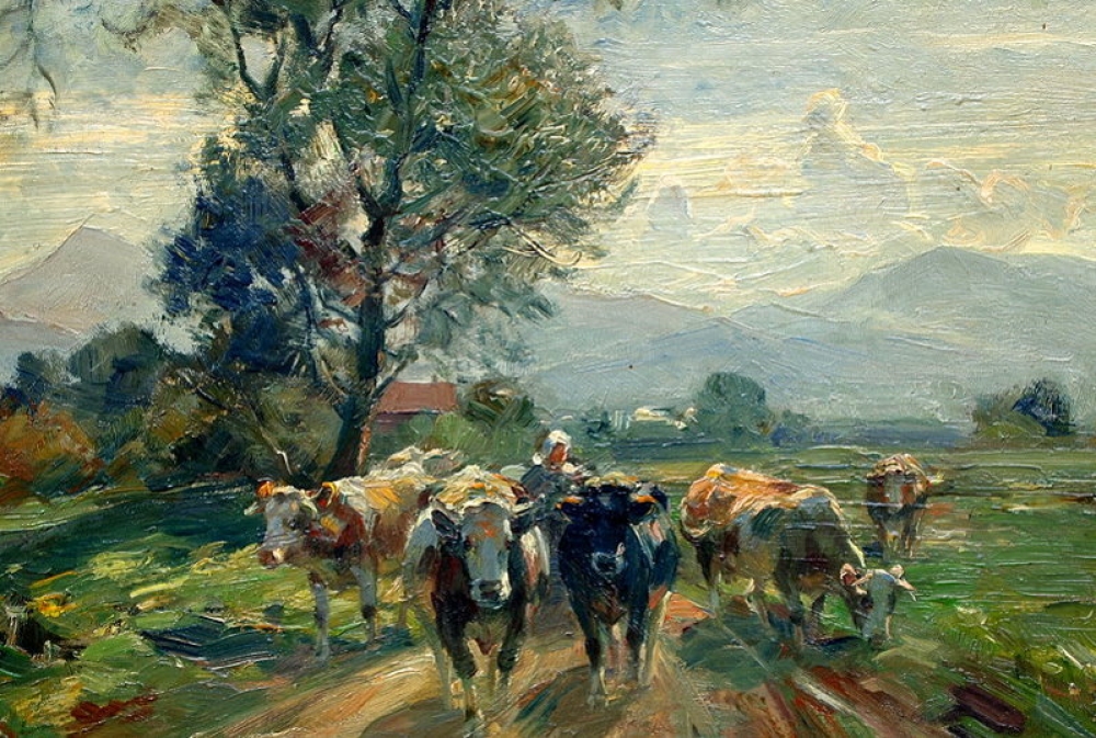 Arnold Moeller, Bäuerin mit Ochsenfuhrwerk auf dem Weg