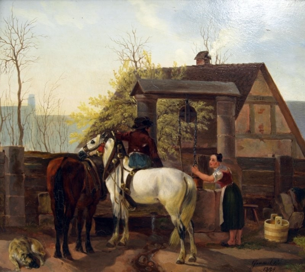 Johann K. Grammel (aktiv um 1830), Bauern und Pferde am Dorfbrunnen