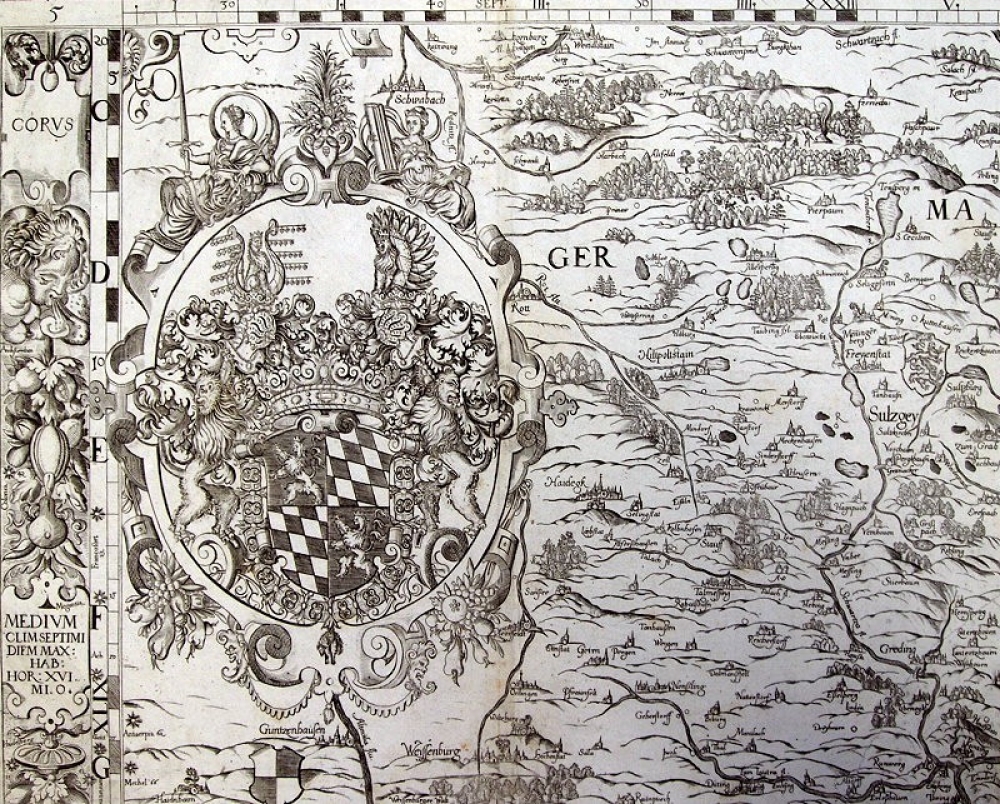 Cartographia Bavariae, Kupferstich-Karte um 1651, Gebiet um Hilpoltstein mit Schwabach, Wendelstein, Freystadt, Greding, Weissenburg und Gunzenhausen