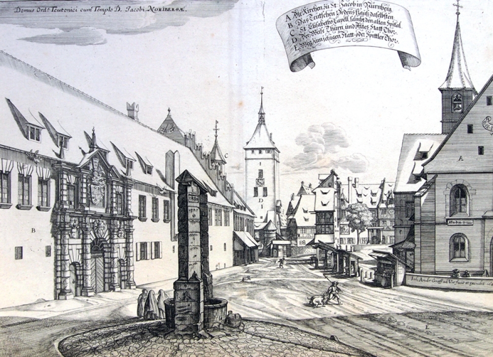 Johann Andreas Graff, Nürnberg Ansicht (Prospekt) mit Jakobskirche, Deutschordenshaus, St. Elisabeth Kapelle, Weißer Turm und Spittler Tor