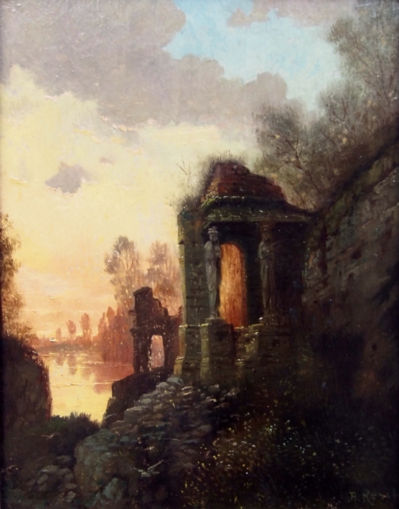 A. Resch, Ruine am Fluss mit figürlichen Säulen