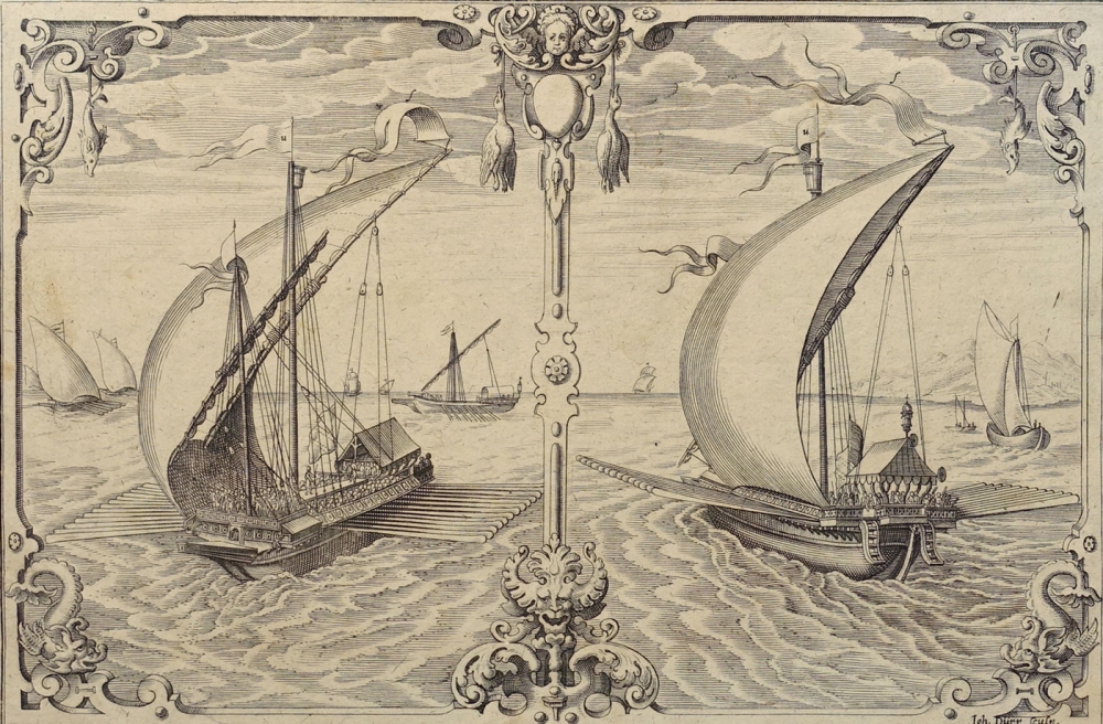 Johann Dürr, Drei maritime Radierungen von Johann Dürr in Wilhelm Dilichs "Kriegs-Schule" (Frankfurt am Main 1689) Galeeren des 16. und frühen 17. Jahrhunderts