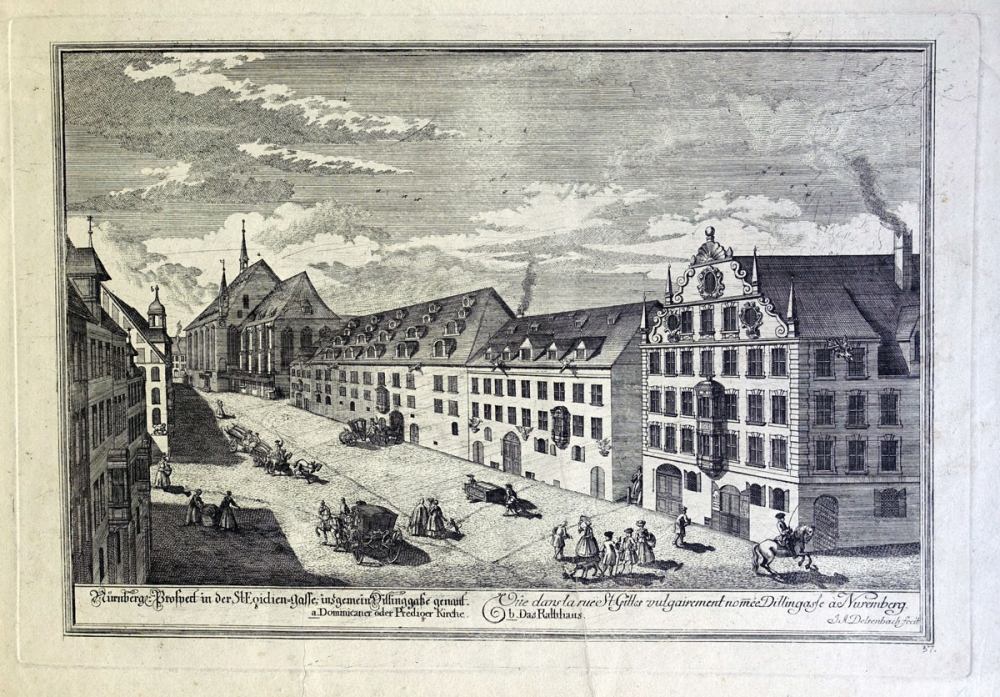 Johann Adam Delsenbach, Prospect bey dem Hallerthür.[lein] samt der Anno, 1693, erbauten Brücken über die beyden Ausflüsse der Pegnitz