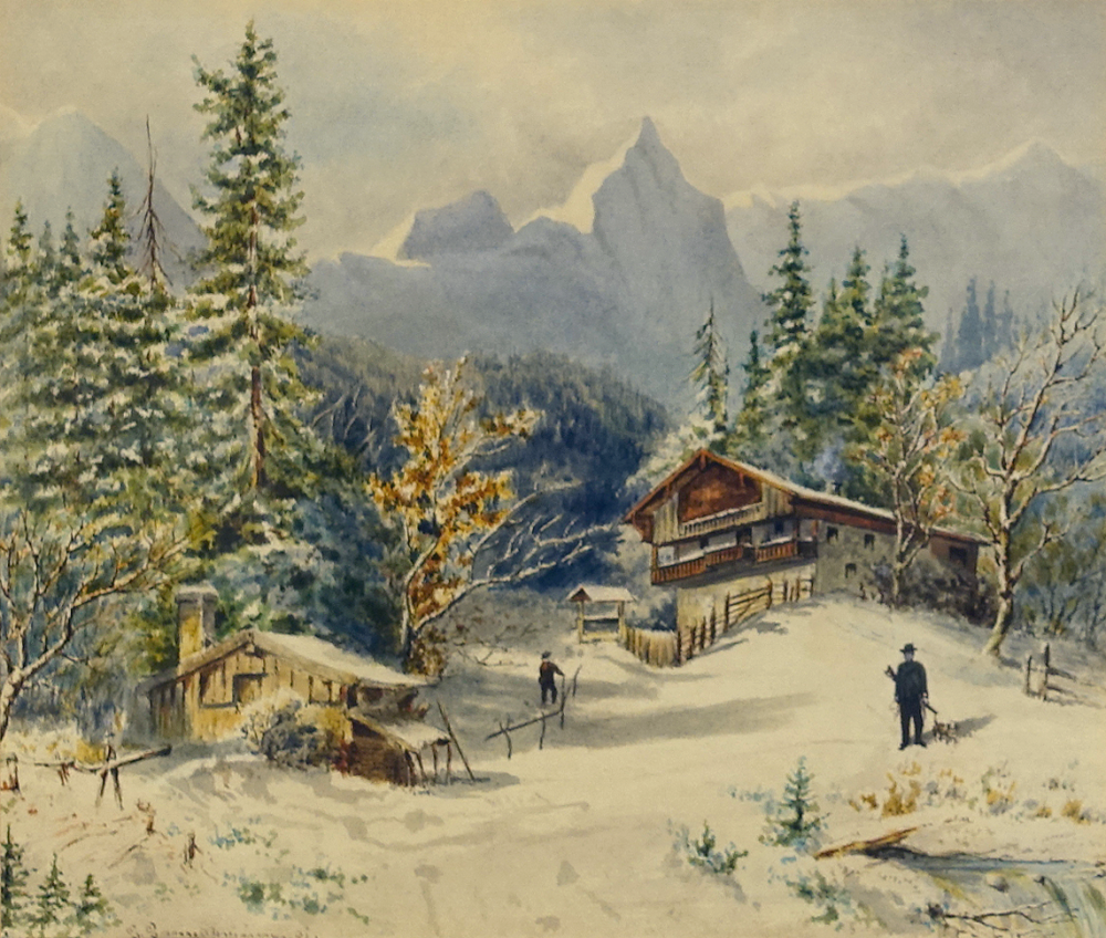 Georg Gsundbrunn, Alpine Winterlandschaft mit Jäger