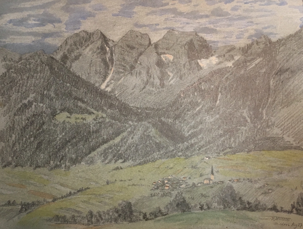 Martin Wilhelm, Blick auf Mieders im Stubaital mit Kalkkögel