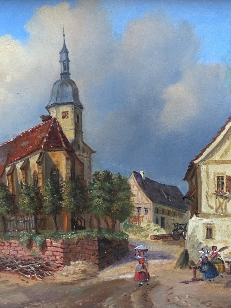 Unsigniert, Dorfansicht mit Kirche in Franken um 1850