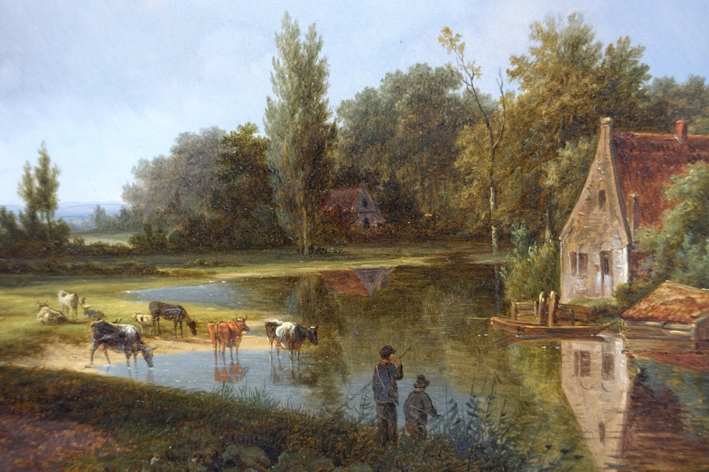 Barend Cornelis Koekkoek, River landscape with a farmhouse and shepherds