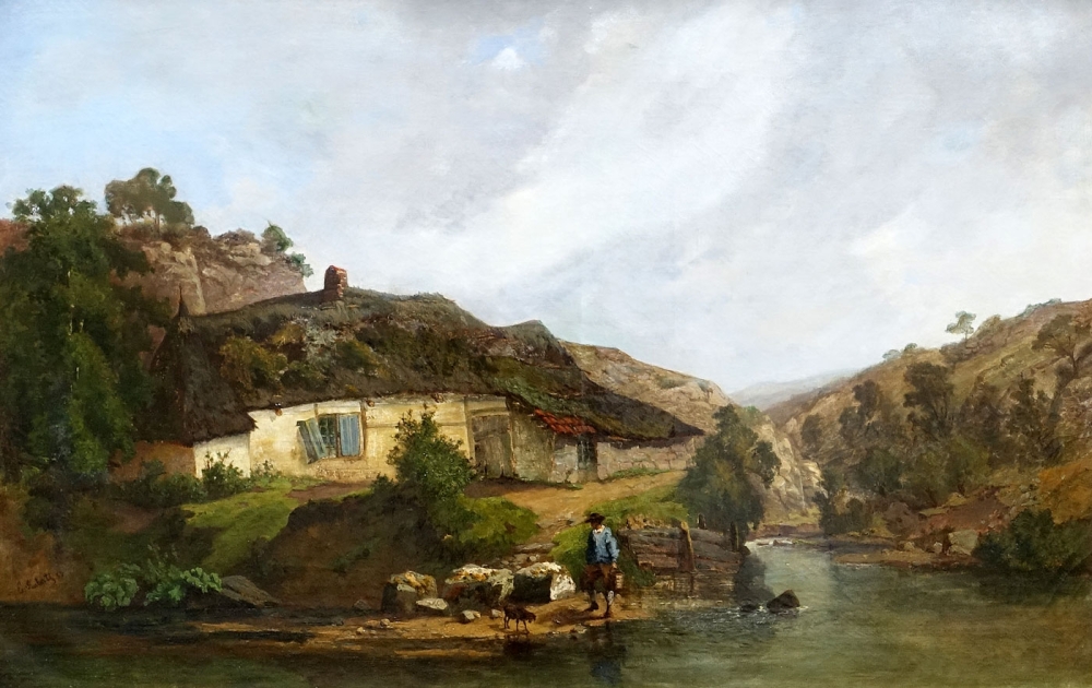 Edouard Jules Joseph Huberti, Man with dog in front of a farmstead by the river