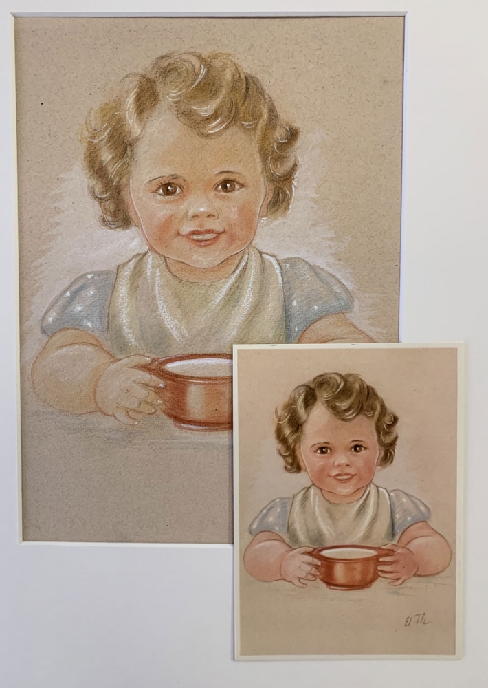 Elisabeth Thalmann, Mädchen bei Essen, Original Aquarell, Vorlage zur beiliegenden Postkarte