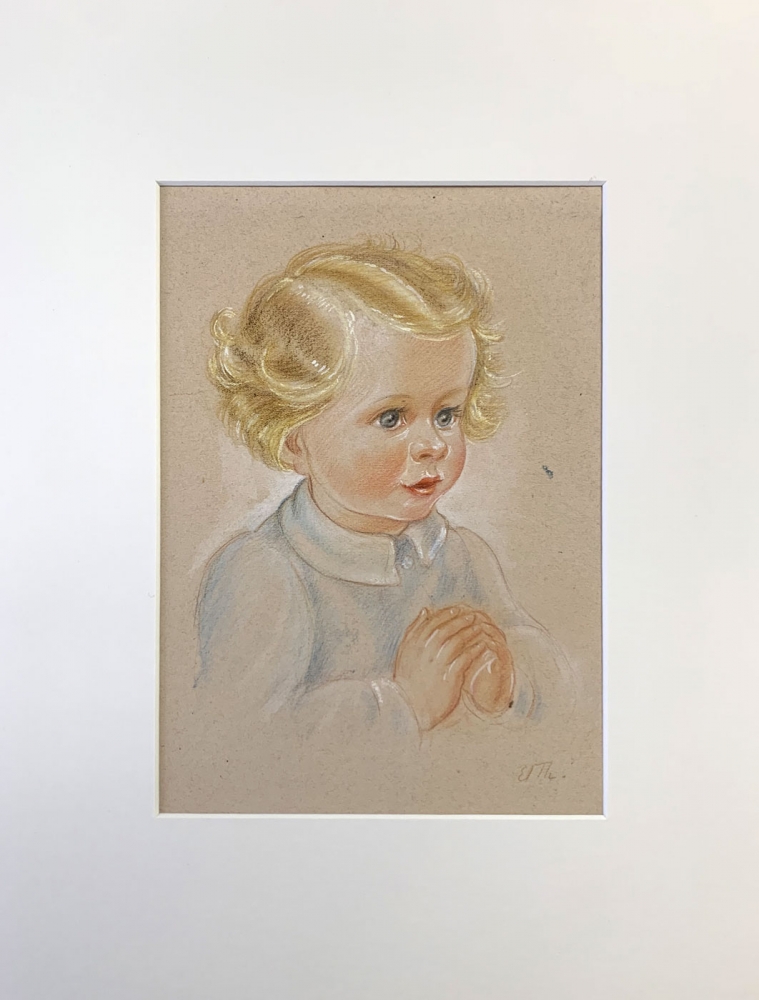 Elisabeth Thalmann, Mädchen beim Abendgebet, Original Aquarell als Vorlage zur beiliegenden Postkarte