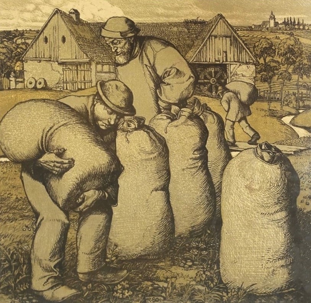 Schiestl Rudolf, farmers transport the sacks of grain
