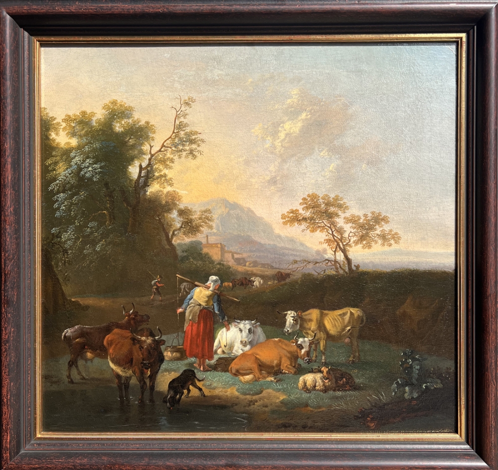 Michiel Carrée, Melkzeit - In südlicher Berglandschaft - Bäuerin mit Kühen an Flusslandschaft