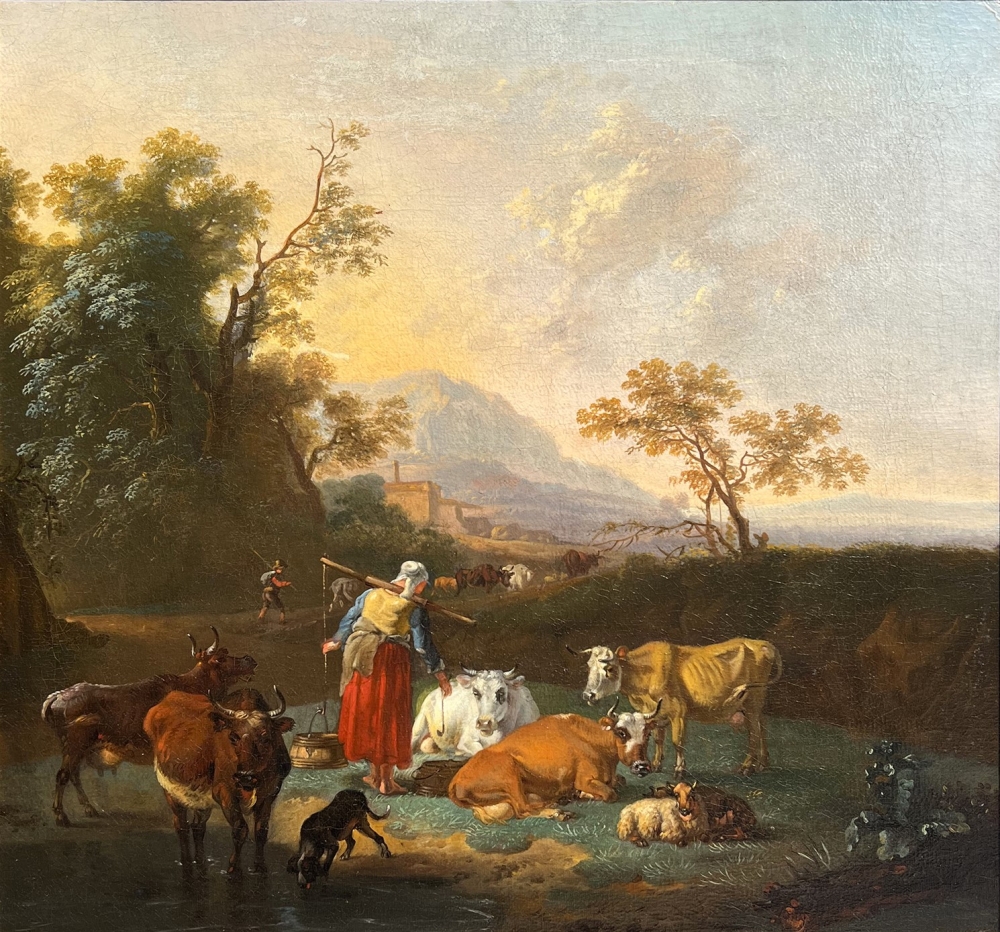 Michiel Carrée, Melkzeit - In südlicher Berglandschaft - Bäuerin mit Kühen an Flusslandschaft