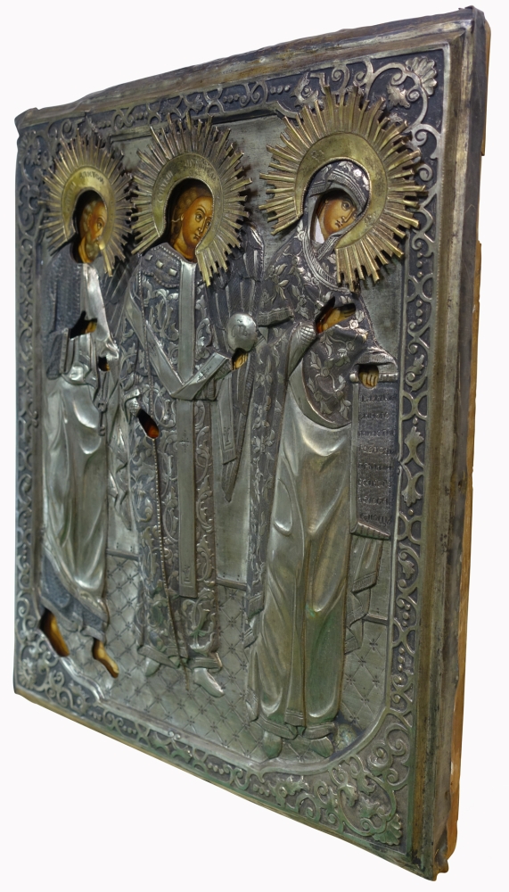 Russian icon with silver oklad, religious depiction