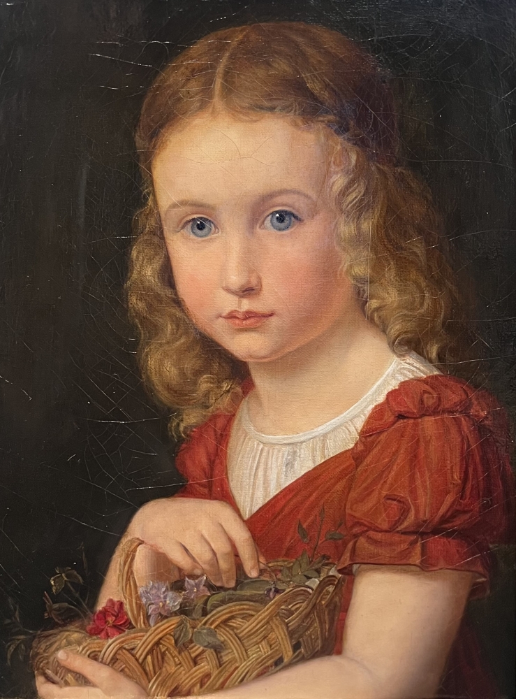 Unsigned, Girl with flower basket around 1840 - Portrait of a girl