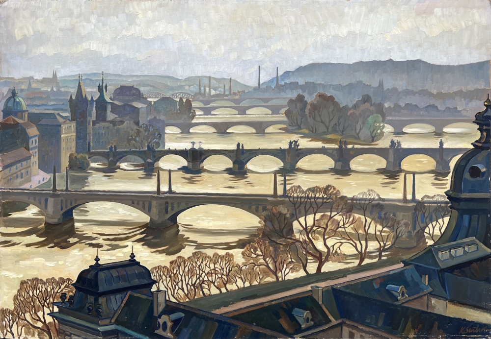 Karl Seubert, City view over the Vltava River to Prague in the evening light