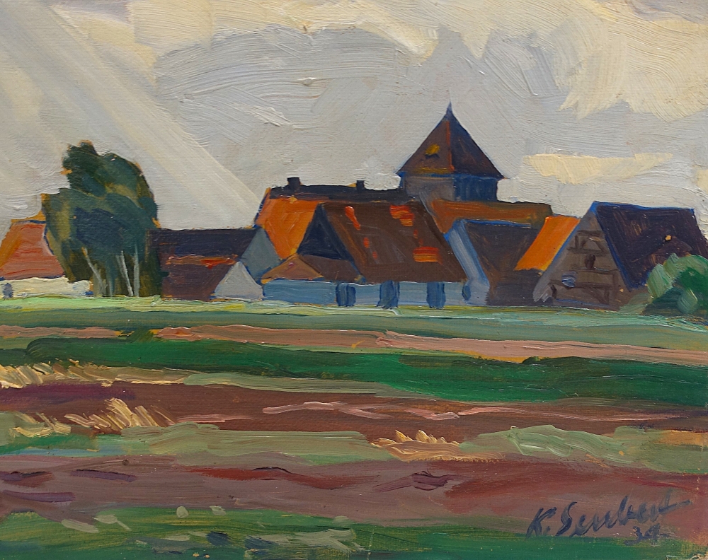 Karl Seubert, Nuremberg, Fürth, Knoblauchsland with a view of a village church, possibly St Peter and Paul Church in Poppenreuth