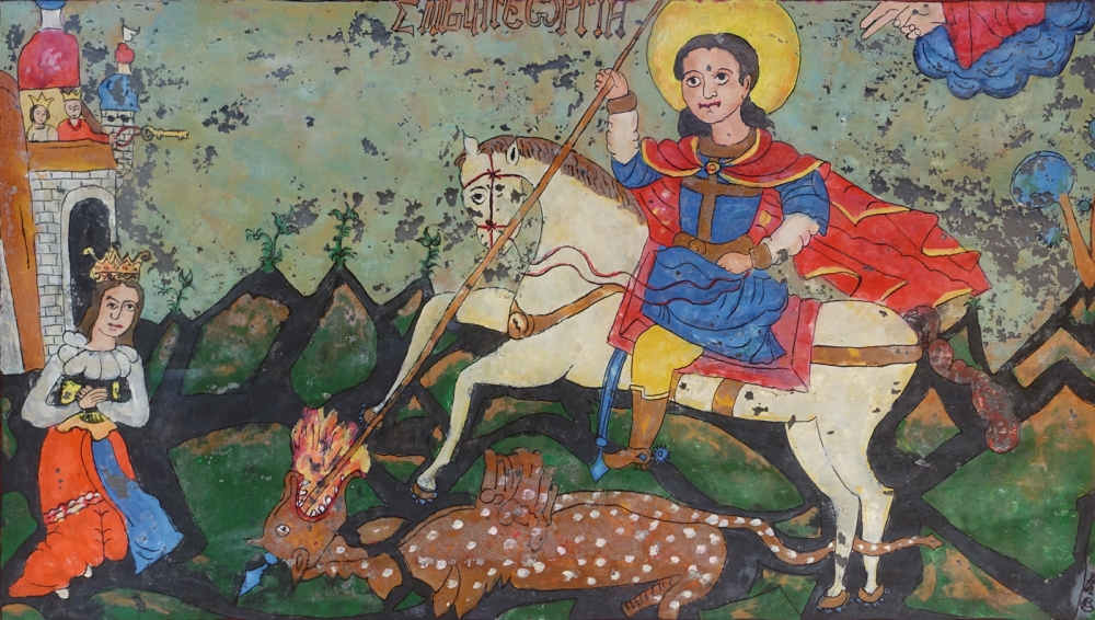 reverse glass painting - St. George the Dragon Slayer