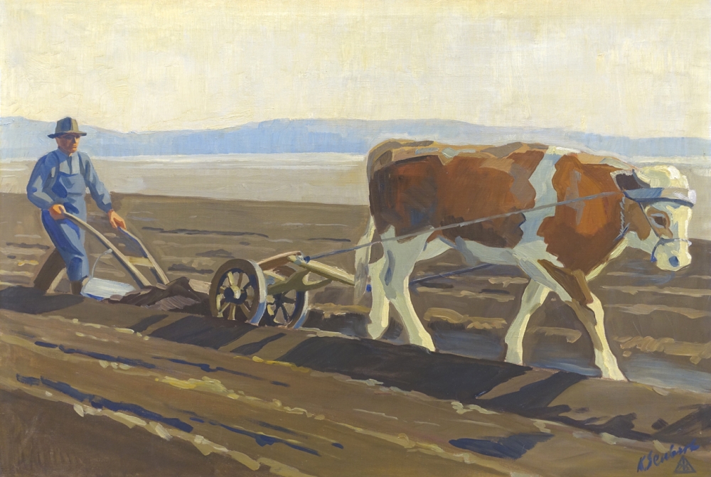 Karl Seubert, field work - A cow and a farmer