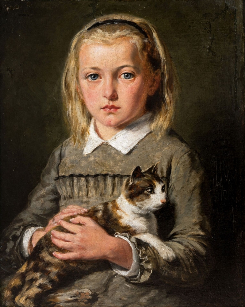 Adolf Müller, Portrait of a girl with a cat 1882