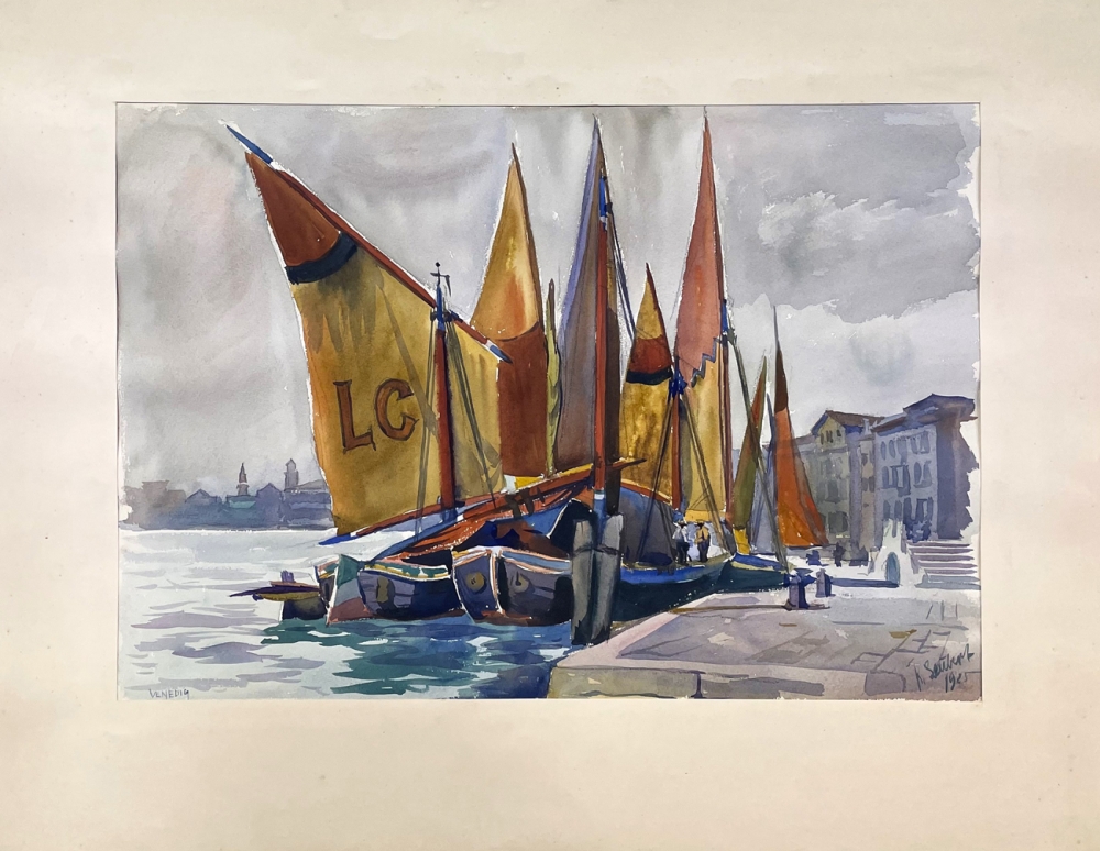 Karl Seubert, Segelboote am Ufer von Venedig 1925