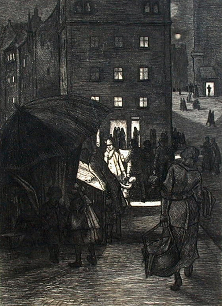 Ernst Pflaumer, Nürnberg, Markt am Abend