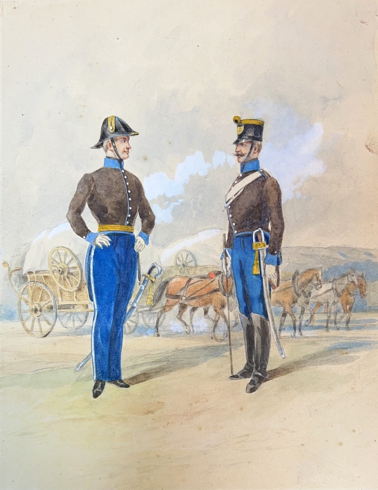 Unknown, Two soldiers talking in front of a covered wagon