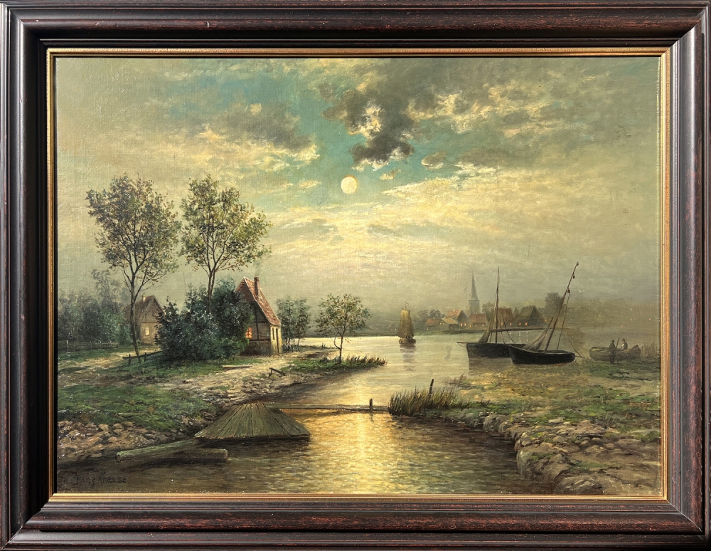 Franz Emil Krause, Abendliche Flusslandschaft vor kleiner Ortschaft