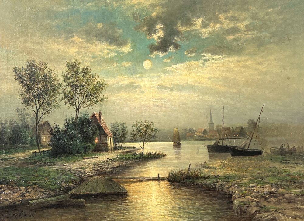 Franz Emil Krause, Abendliche Flusslandschaft vor kleiner Ortschaft