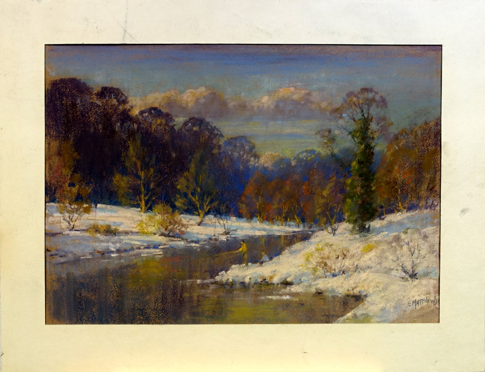 E. Matthews, Winterlandschaft mit Angler