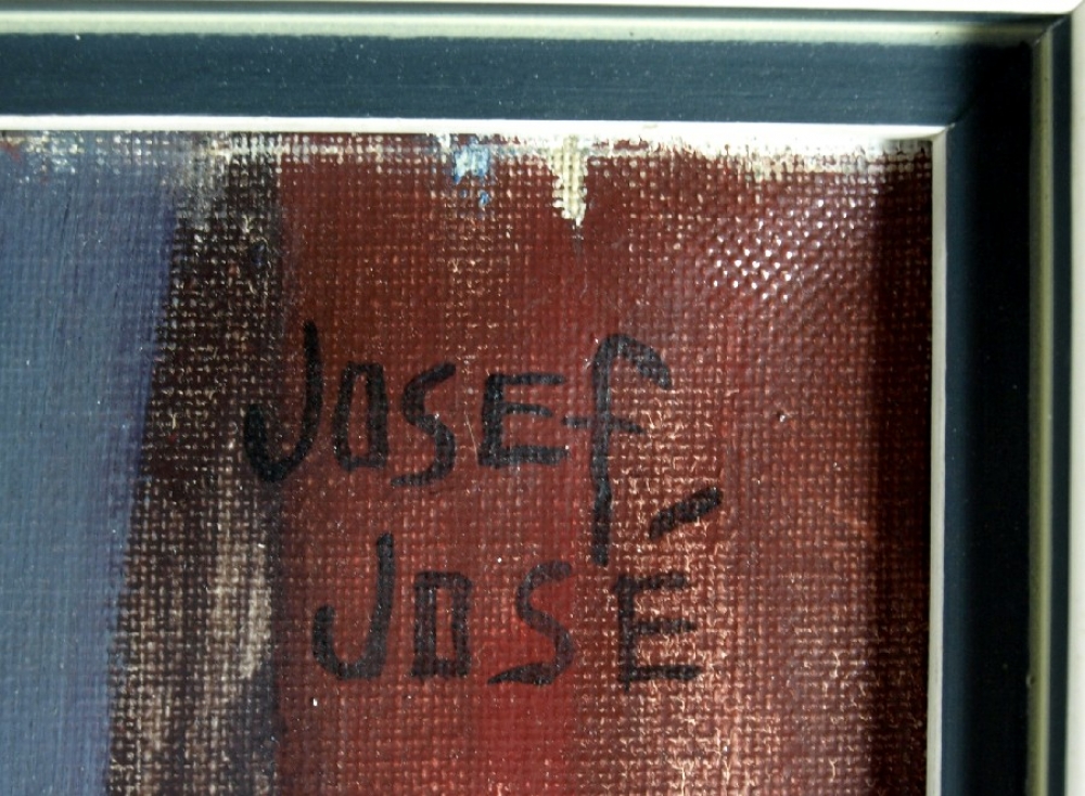 Josef José (20. Jahrhundert), Modernes Tischstillleben mit Blumenvase und Spiegel