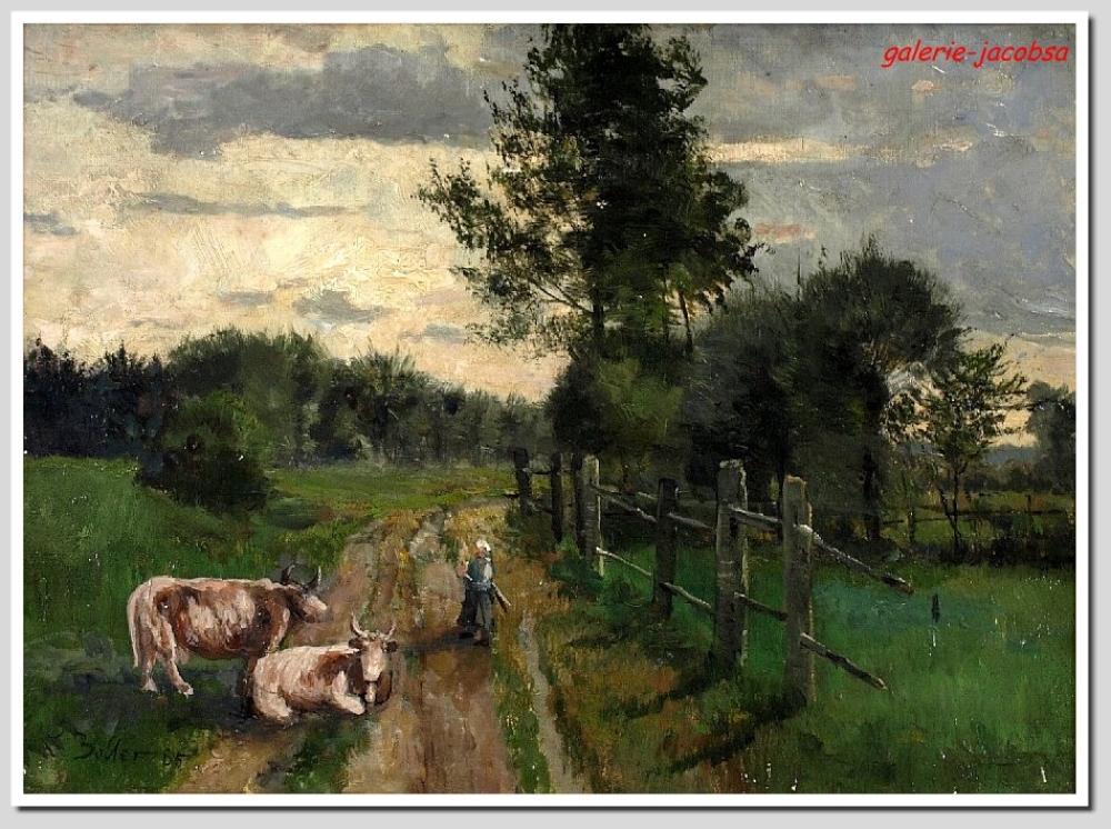 Louis Ludwig Boller (1862-1896) zug., Landschaft mit Bäuerin und zwei Kühen, 1885