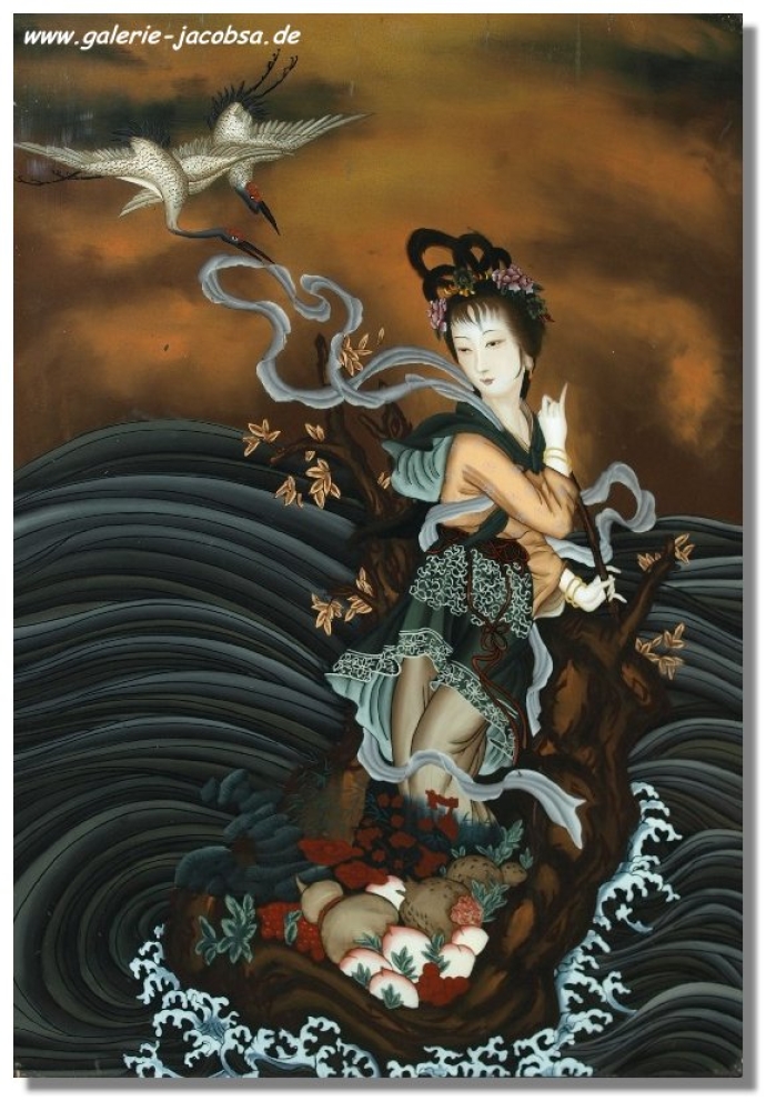 China (1900). fairy-tale figure with cranes at sea painting on glass