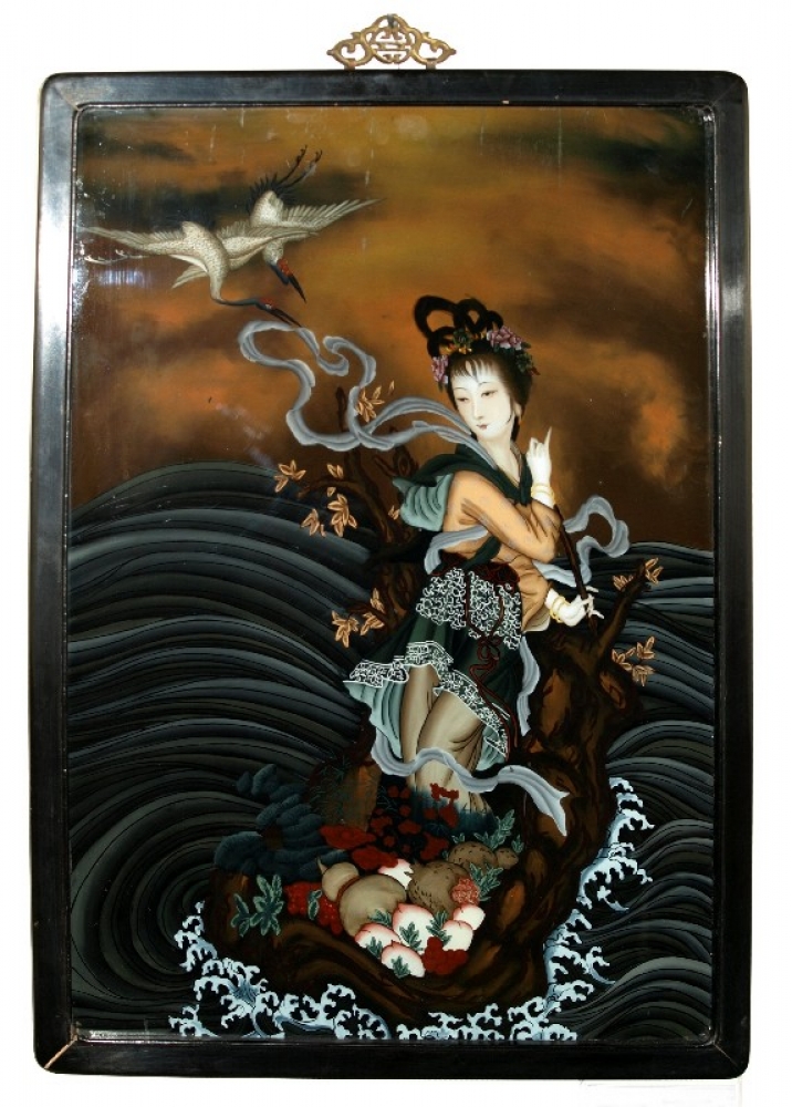 China (1900). fairy-tale figure with cranes at sea painting on glass