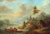 Franz Schütz (zug.), Weite Flusslandschaft mit Stadtmauer und Ruine