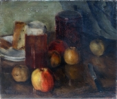 Rudolf Hinderer, Table Still Life with Beer and Fruit