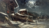Unknown, Winter village view by moonlight