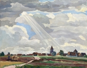 Karl Seubert, Nuremberg, Fürth, Knoblauchsland with a view of a village church, possibly St Peter and Paul Church in Poppenreuth