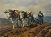 Karl Seubert, field work - farmer with two cows