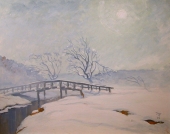 Kurt Mayer-Pfalz, Winterlandschaft mit Brücke im Morgenlicht, Franken, Nürnberg, Knoblauchsland, Eltersdorf, Regnitz